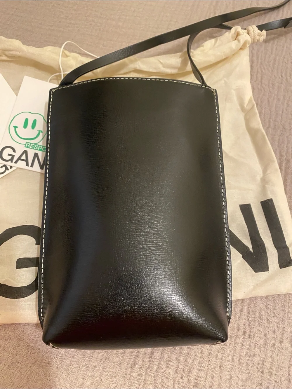 Ganni Black Embossed Leather Phone  Crossbody. New